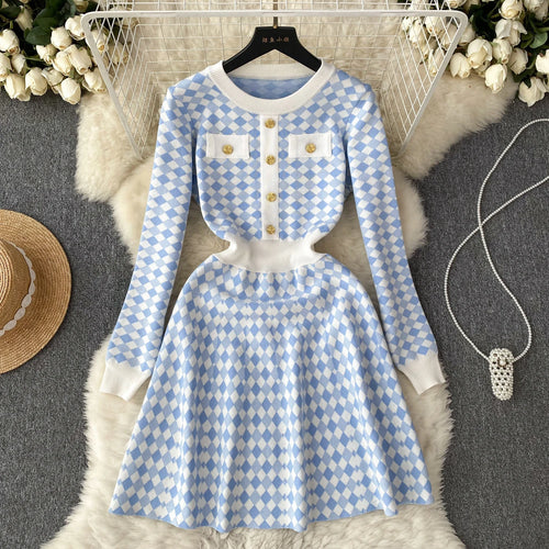 Load image into Gallery viewer, Korean Style Plaid Dress O Neck Button Long Sleeves 2023 Autumn Female Fashion Chic Sweet Knitted A Line Sweater Dress Winter
