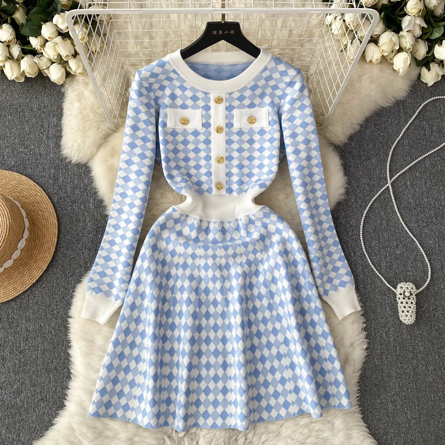 Korean Style Plaid Dress O Neck Button Long Sleeves 2023 Autumn Female Fashion Chic Sweet Knitted A Line Sweater Dress Winter