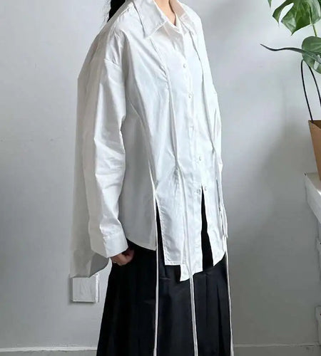 Women White Irregular String Slit Big Size Blouse New Lapel Long Sleeve Shirt Fashion Tide Spring Autumn 2025 1DJ0302