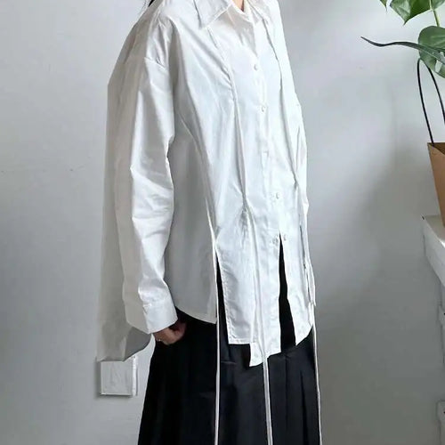 Load image into Gallery viewer, Women White Irregular String Slit Big Size Blouse New Lapel Long Sleeve Shirt Fashion Tide Spring Autumn 2025 1DJ0302
