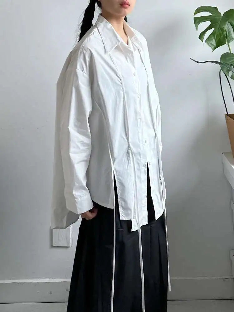 Women White Irregular String Slit Big Size Blouse New Lapel Long Sleeve Shirt Fashion Tide Spring Autumn 2025 1DJ0302