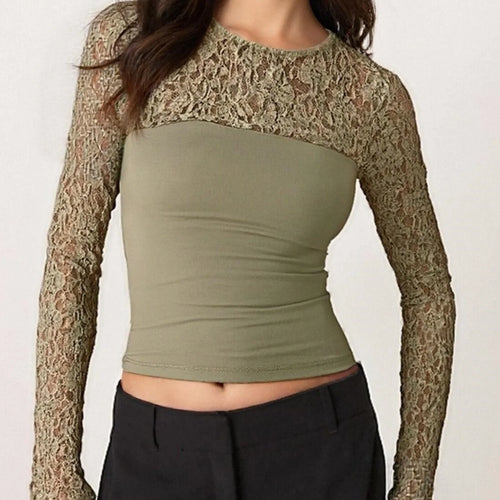 Load image into Gallery viewer, y2k Tops Women Sheer Lace Patchwork Round Neck Long Sleeve T Shirts Streetwear
