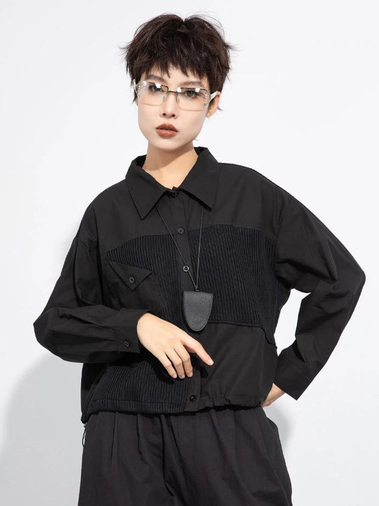 Women Black Irregular Drawstring Big Size Casual Blouse New Lapel Long Sleeve Shirt Fashion Spring Autumn 2025 1DJ0475
