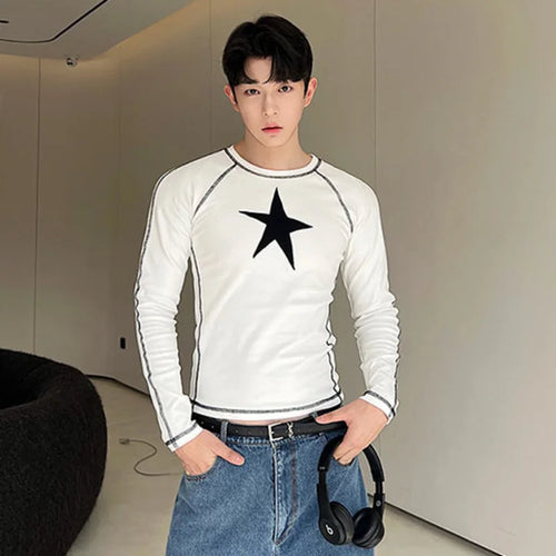 Load image into Gallery viewer, Men&#39;s T-shirt Fashion Pullover Long Sleeve T-shirt Round Collar Contrast Color Geometric Patter Pathchwork Male Top 9A8650
