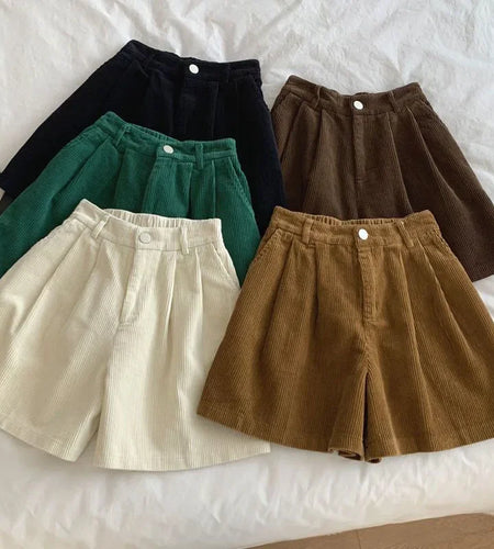 Vintage Corduroy Women's Shorts Summer Casual Elastic High Waist Wide Short Pants Solid All-Match Loose Shorts Woman