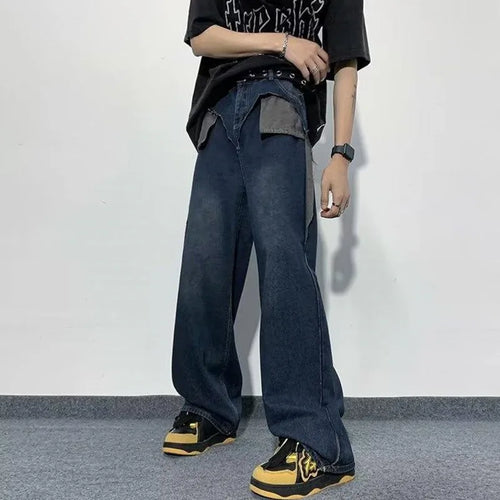 Load image into Gallery viewer, Niche Design Men&#39;s Denim Trousers Patchwork Contrast Color Washing Straight Pants Wide Leg Casual Male Jeans Chic 9C9289
