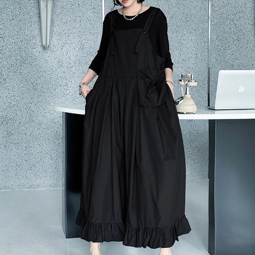 Load image into Gallery viewer, Women Black Ruffles Pocket Big Size Midi Strap Dress New Square Collar Sleeveless Fashion Tide Spring Autumn 2025 1DJ1158

