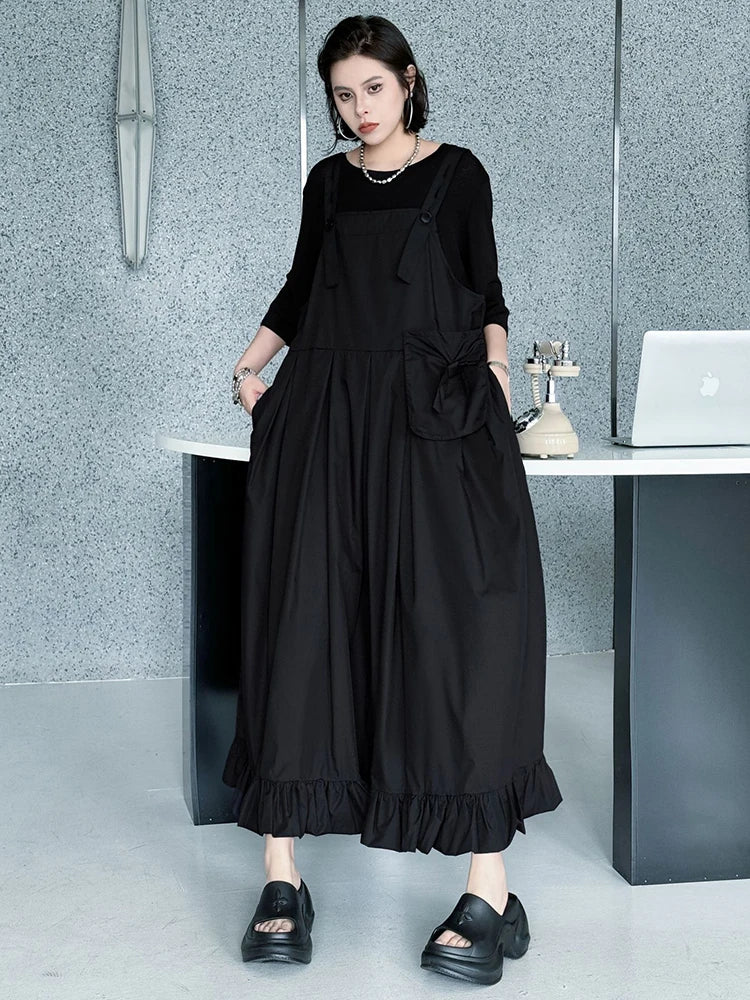 Women Black Ruffles Pocket Big Size Midi Strap Dress New Square Collar Sleeveless Fashion Tide Spring Autumn 2025 1DJ1158