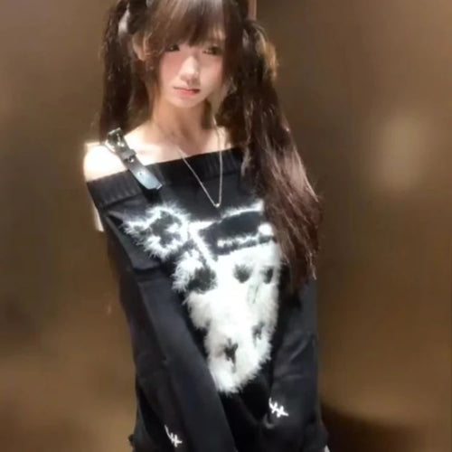 Load image into Gallery viewer, 2025 Slash Nerck Grunge Sweater Y2k Aesthetic Cartoon Jacquard Knitted Pullover Streetwear Oversized Harajuku Women Hole Jumpers
