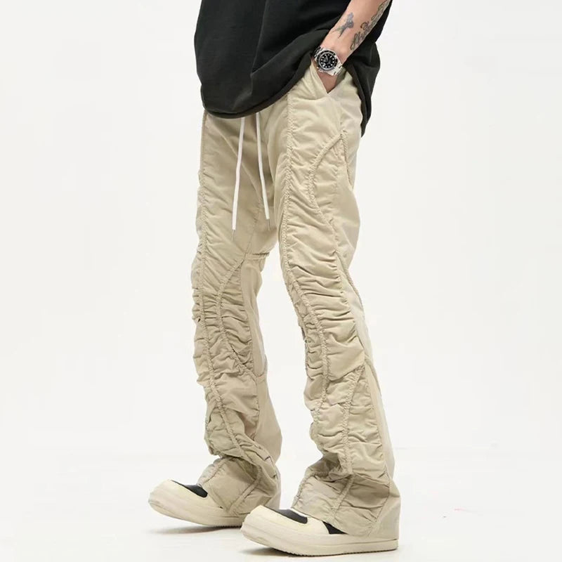 American Style Pleated Men's Pants Casual Drawstring Design Solid Color Straight Loose Wide Leg Male Trousers Niche 9C8825