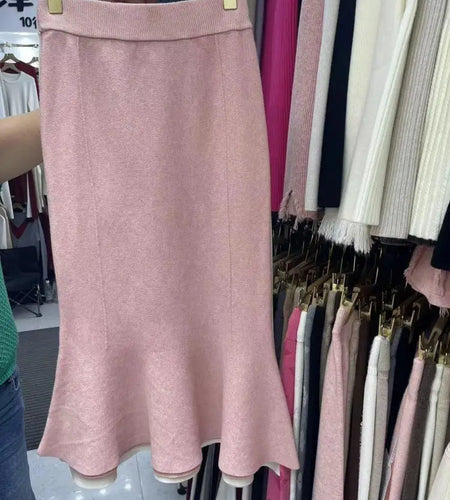 Vintage French Women's Solid Elegant Party Knitted Long Skirt Autumn Winter High Waist Vacation A-line Fishtail Skirt 2024 Trend