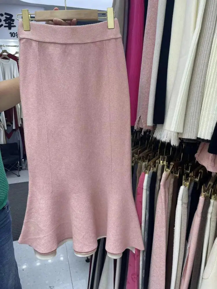 Vintage French Women's Solid Elegant Party Knitted Long Skirt Autumn Winter High Waist Vacation A-line Fishtail Skirt 2024 Trend