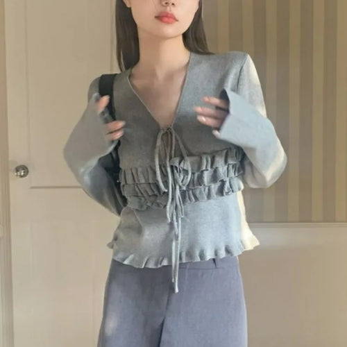Load image into Gallery viewer, Autumn Ruffled Casual Solid Pullovers Women  Harajuku V Neck Bandage Jumper Loose Knitted Y2k Aesthetic Grunge Crop Sweaters
