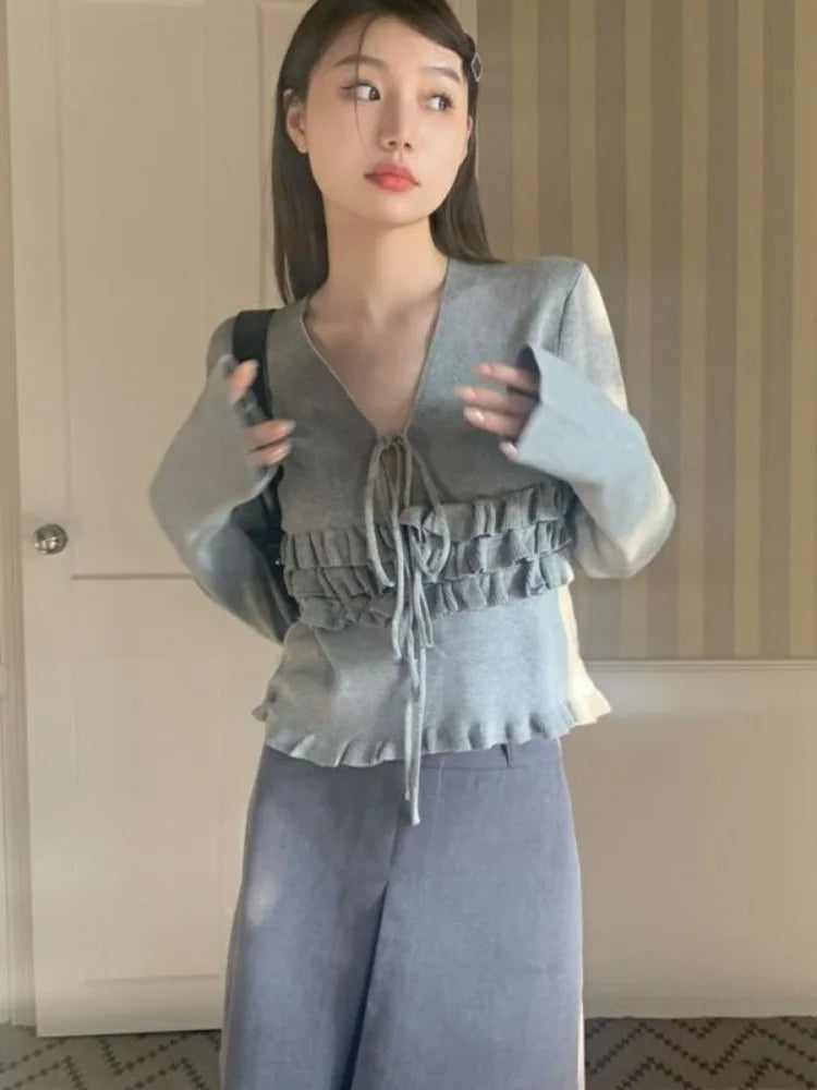 Autumn Ruffled Casual Solid Pullovers Women  Harajuku V Neck Bandage Jumper Loose Knitted Y2k Aesthetic Grunge Crop Sweaters