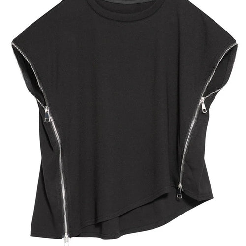 Load image into Gallery viewer, Women Black Zipper Irregular Big Size Casual T-shirt New Round Neck Sleeveless Fashion Tide Spring Summer 2025 1DF7632
