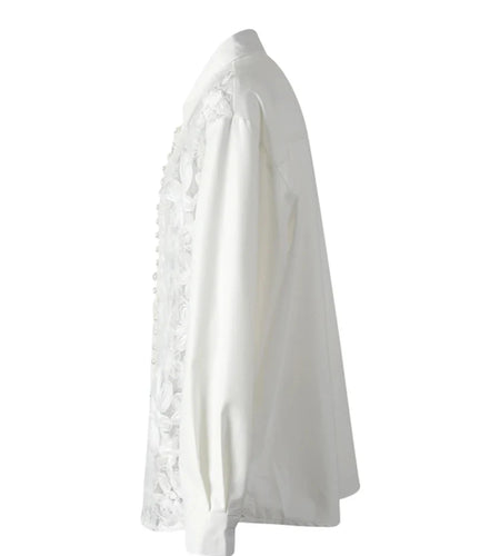 Solid Sheer Spliced Mesh Elegant Blouses for Women Lapel Long Sleeves Patchwork Bead Blouse Female Fashion Clothing