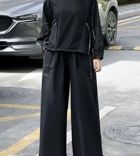 High Elastic Waist Black Topstitched Pocket Wide Leg Pants New Trousers Women Fashion Tide Spring Autumn 2025 1DJ0612