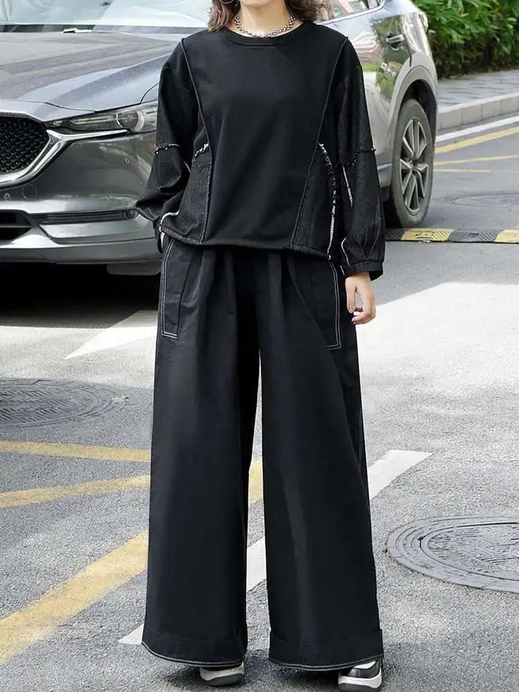 High Elastic Waist Black Topstitched Pocket Wide Leg Pants New Trousers Women Fashion Tide Spring Autumn 2025 1DJ0612