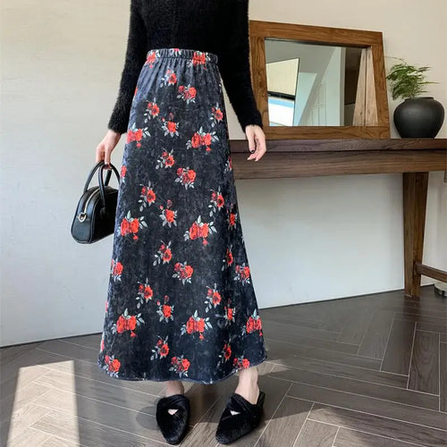 Load image into Gallery viewer, Retro Brown Floral Elegant Party Long Skirt Black Print Elastic High Waist Velvet Skirts Autumn Winter All-match Fashion Women
