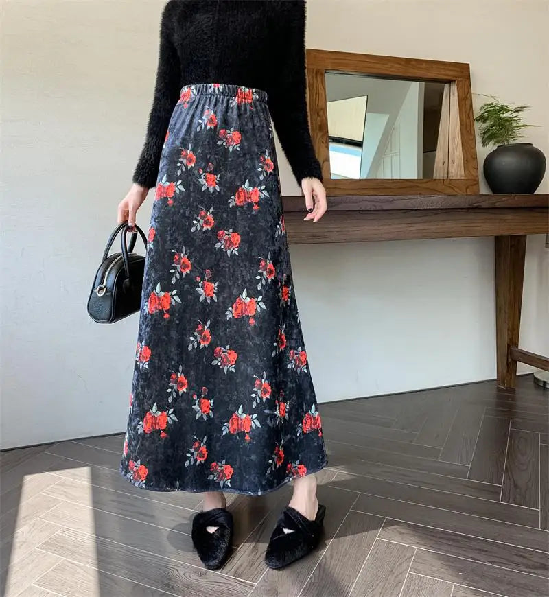 Retro Brown Floral Elegant Party Long Skirt Black Print Elastic High Waist Velvet Skirts Autumn Winter All-match Fashion Women