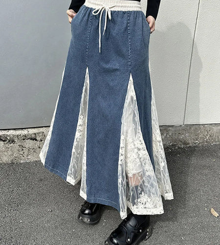High Elastic Waist Apricot Blue Denim Lace Mermaid Half-body Skirt Women Fashion Tide New Spring Autumn 2025 1DH8648