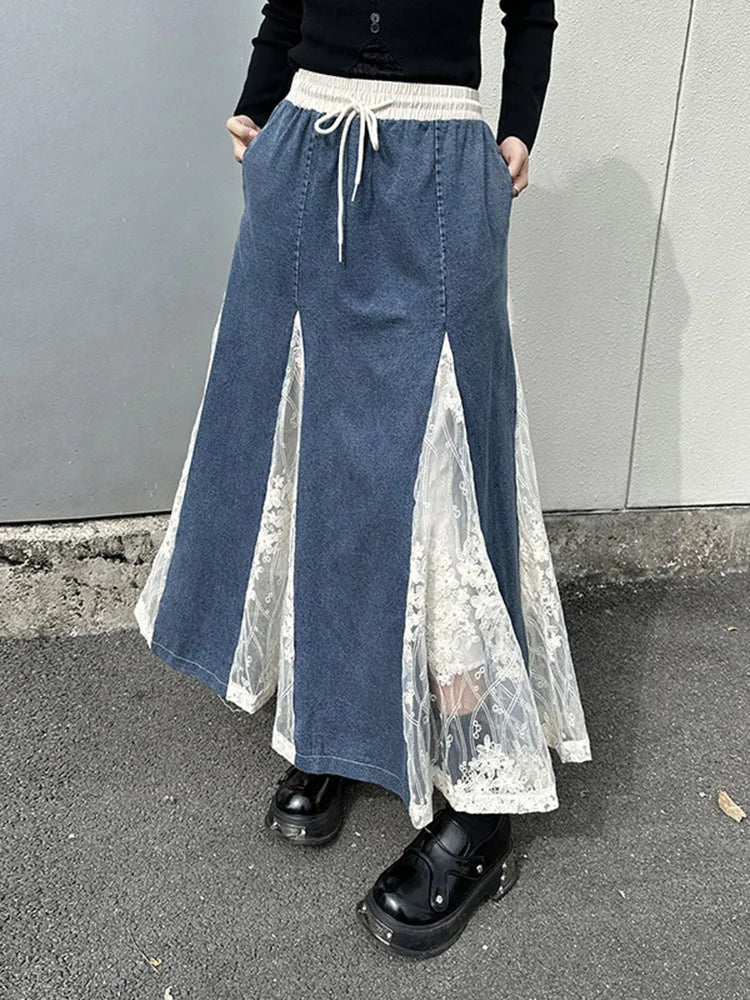 High Elastic Waist Apricot Blue Denim Lace Mermaid Half-body Skirt Women Fashion Tide New Spring Autumn 2025 1DH8648