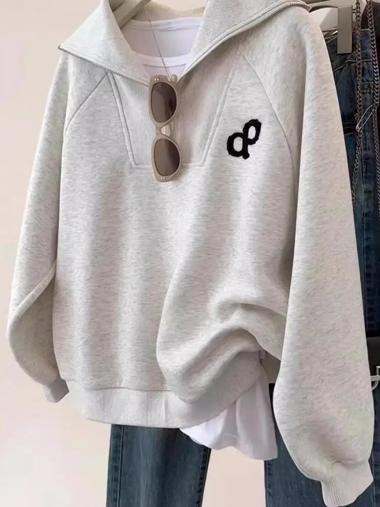 New Casual Women's Autumn Winter Sweatershir New Korean Version Grey Large Size Versatile Long Sleeved Zipper Cotton Top Popular