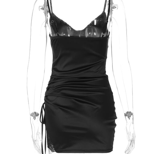 Load image into Gallery viewer, Fashion Solid V Neck Slips Backless Shirring Patchwork Lace Sexy Slim Mini Dress Summer Women Outfits Party Night Club
