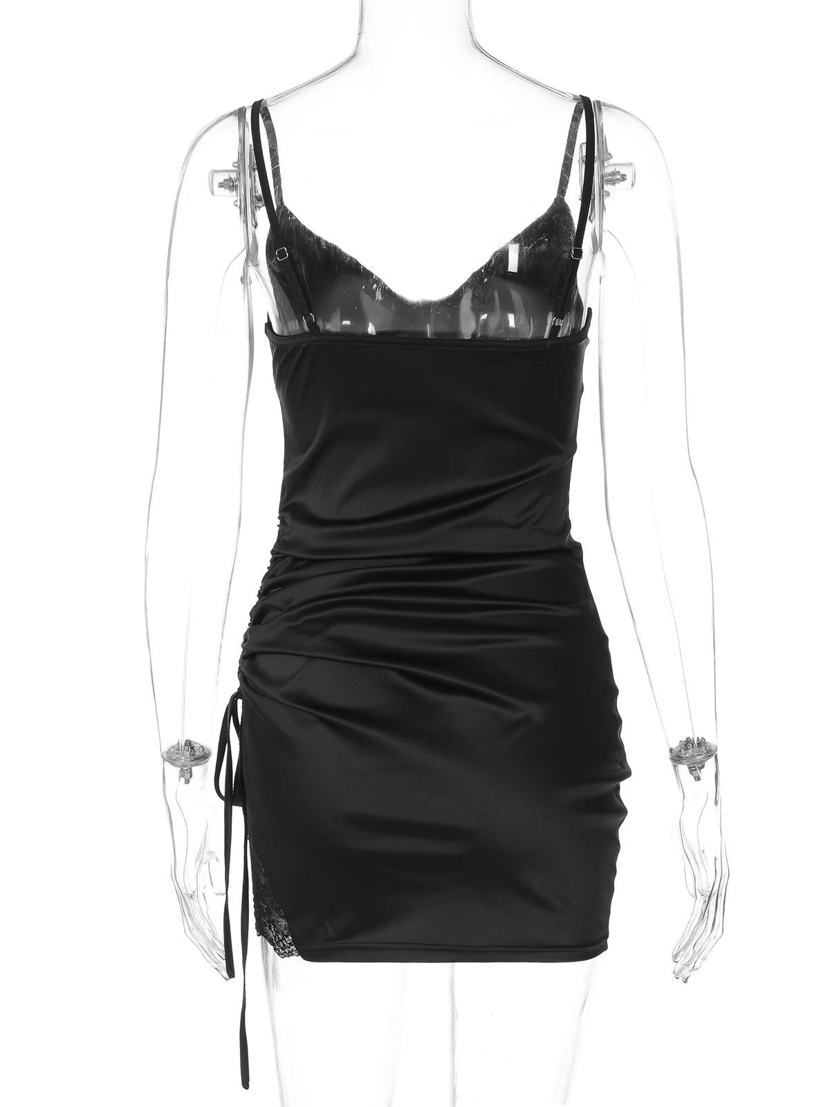 Fashion Solid V Neck Slips Backless Shirring Patchwork Lace Sexy Slim Mini Dress Summer Women Outfits Party Night Club