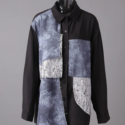 Load image into Gallery viewer, Women Black Printed Patch Spliced Big Size Blouse New Lapel Long Sleeve Shirt Fashion Tide Spring Autumn 2025 21F3676
