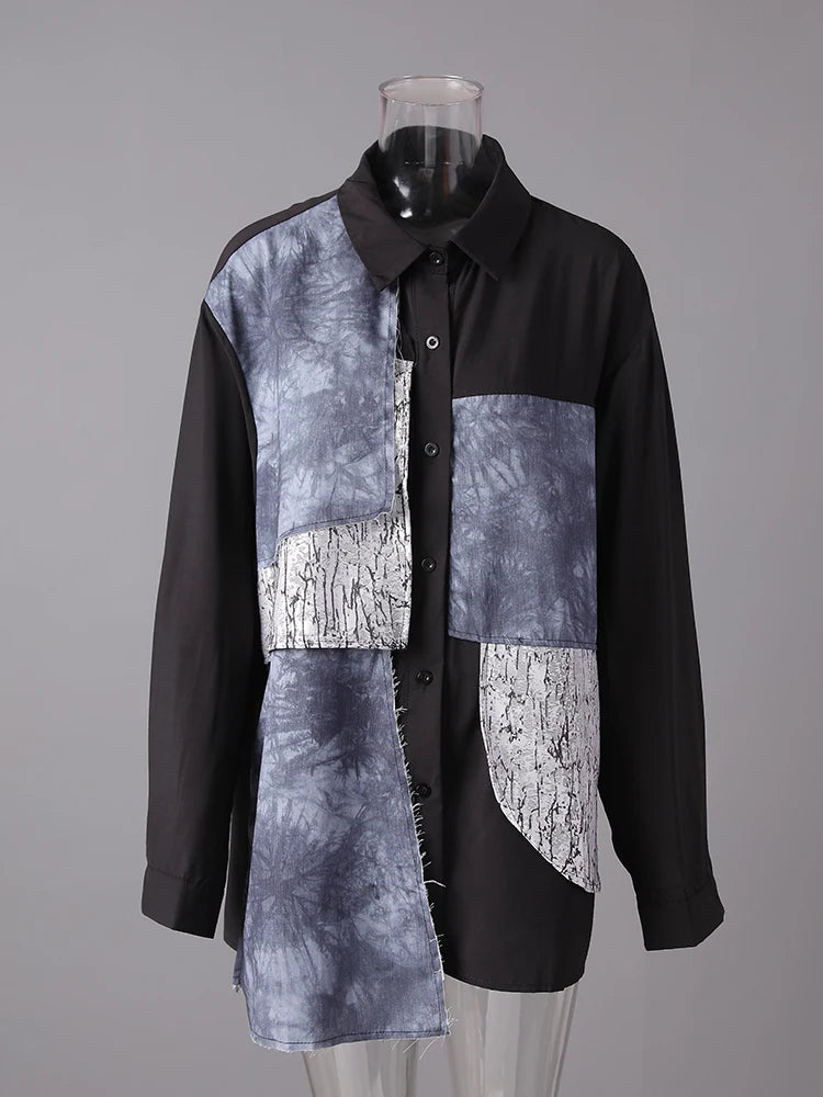 Women Black Printed Patch Spliced Big Size Blouse New Lapel Long Sleeve Shirt Fashion Tide Spring Autumn 2025 21F3676