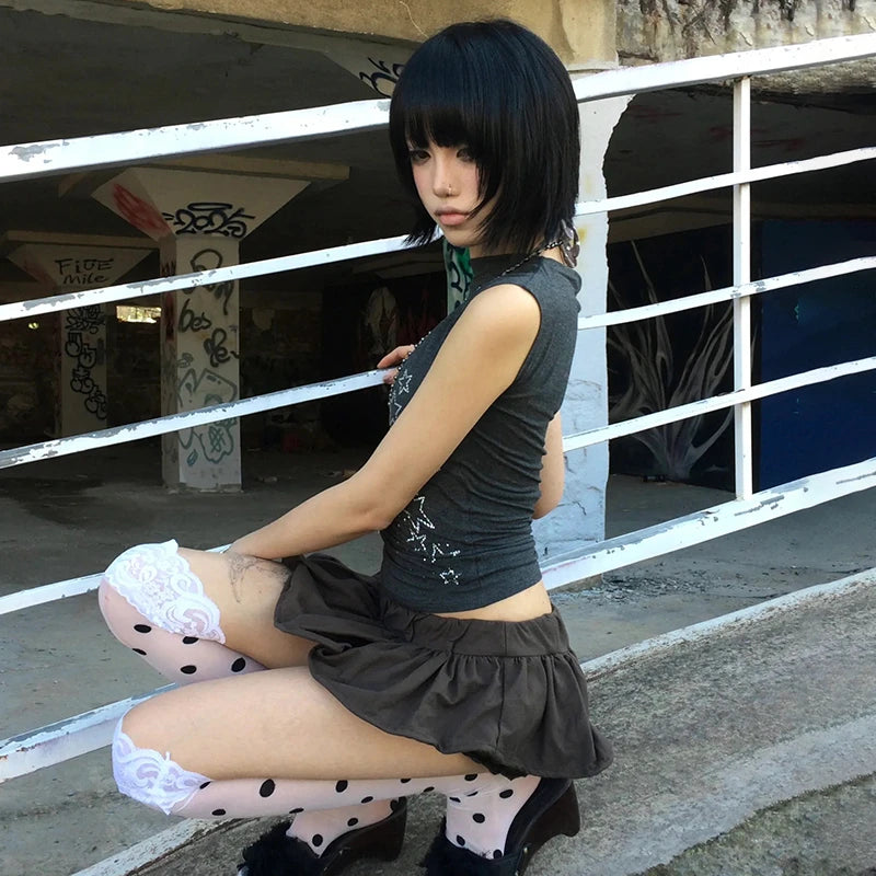 Japanese Y2k Off Shoulder T-shirt Trashy 2000s Style Rhinestones Sleeveless Top Vintage Harajuku Crop Top American Retro