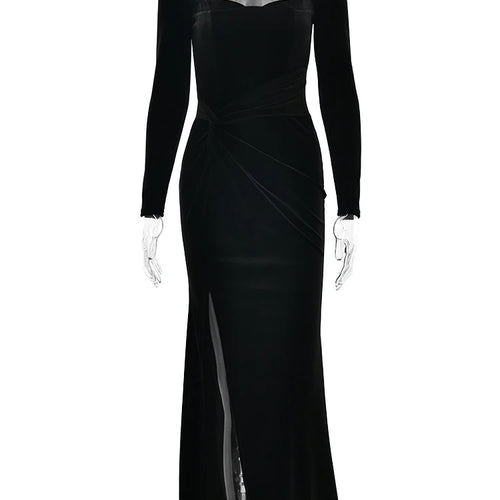 Load image into Gallery viewer, Velvet Sexy Maxi Dress For Women Square Collar Long Sleeve Ruched High Split Bodycon Party Elegant Long Dresses Vestido

