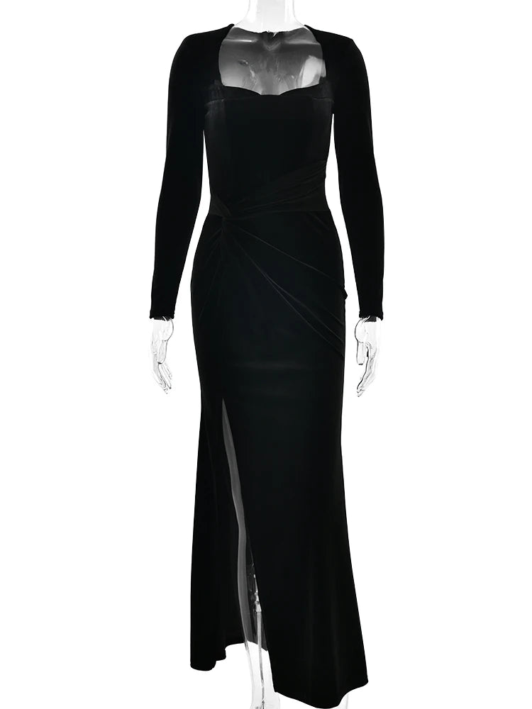 Velvet Sexy Maxi Dress For Women Square Collar Long Sleeve Ruched High Split Bodycon Party Elegant Long Dresses Vestido