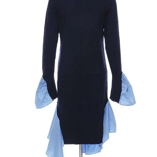 Load image into Gallery viewer, Women Blue Knitting Ruffles Irregular Elegant Dress New Turtleneck Long Sleeve Fashion Tide Spring Autumn 2025 1DH4512
