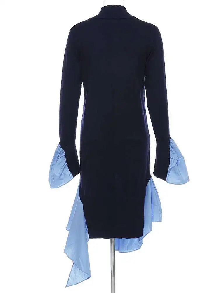 Women Blue Knitting Ruffles Irregular Elegant Dress New Turtleneck Long Sleeve Fashion Tide Spring Autumn 2025 1DH4512