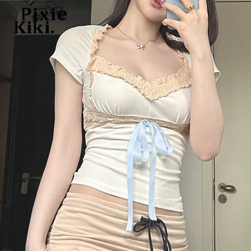 Load image into Gallery viewer, Frilly Bow Square Neck Short Sleeve T Shirt for Girls Y2k 2000s Vintage French Style Summer Crop Tops Women P84-BH11
