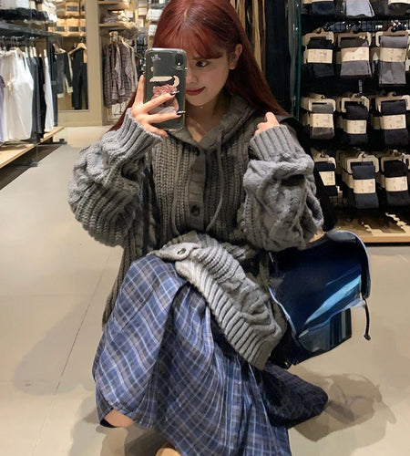 Y2k Aesthetic Twist Hooded Cardigans Women Autumn Winter Solid Casual Sweater Streetwear Single Breasted Fashion Grunge Coats