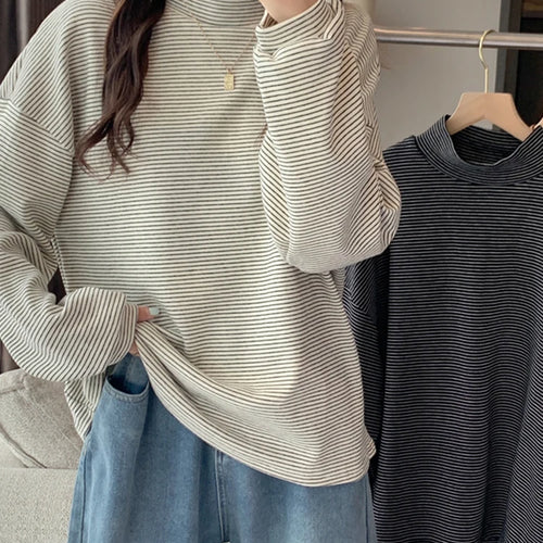 Load image into Gallery viewer, Autumn Classic Spell Color Black White Striped Women T-Shirts Long Sleeve Turtleneck Top Casual T shirt Female Pullovers
