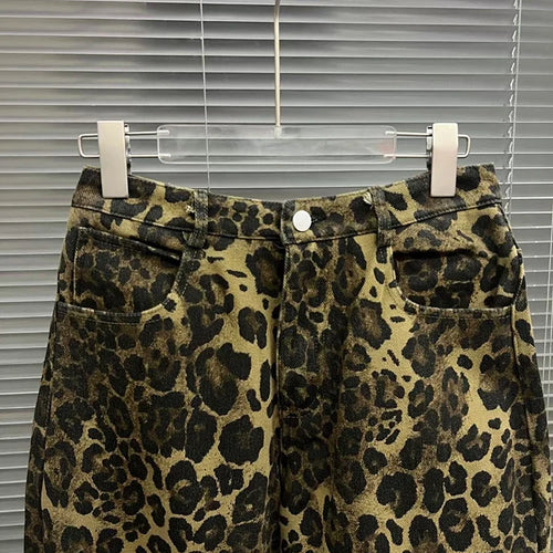 Load image into Gallery viewer, Colorblock Leopard Printing Casual Loose Pants For Women High Waist Spliced Button Streetwear Wide Leg Pant Female
