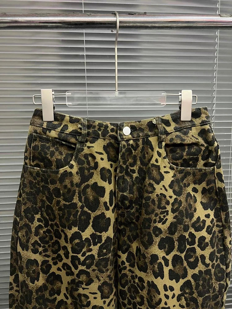 Colorblock Leopard Printing Casual Loose Pants For Women High Waist Spliced Button Streetwear Wide Leg Pant Female