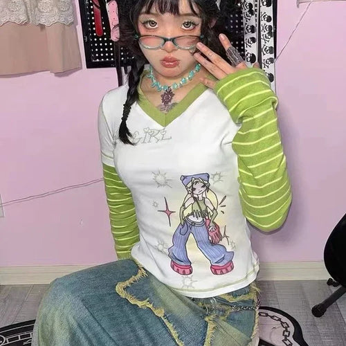 Load image into Gallery viewer, 2025 E-girl Fake Two Piece Striped Patchwork Long Sleeve Tshirts Women Harajuku Cartoon Graphic Tee Y2k Tops Aesthetic T-shirt
