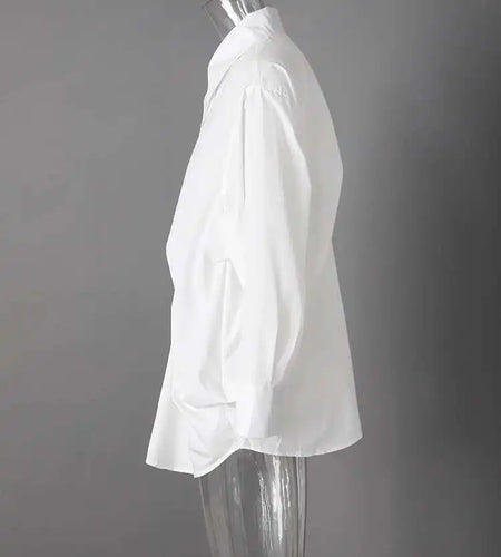 Women White Pleated Design Big Size Elegant Blouse New Lapel Long Sleeve Shirt Fashion Tide Spring Autumn 2025 CPG2611