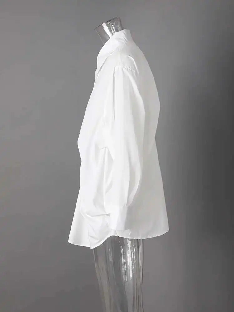 Women White Pleated Design Big Size Elegant Blouse New Lapel Long Sleeve Shirt Fashion Tide Spring Autumn 2025 CPG2611