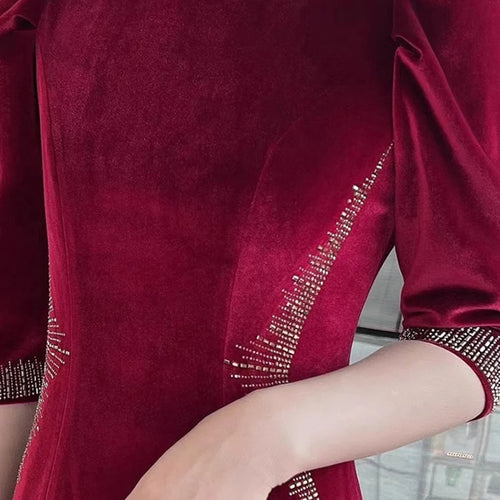 Load image into Gallery viewer, Solid Spliced Diamonds Slimming Dresses For Women O Neck Long Sleeve High Waist Temperament Dress Female Clothes
