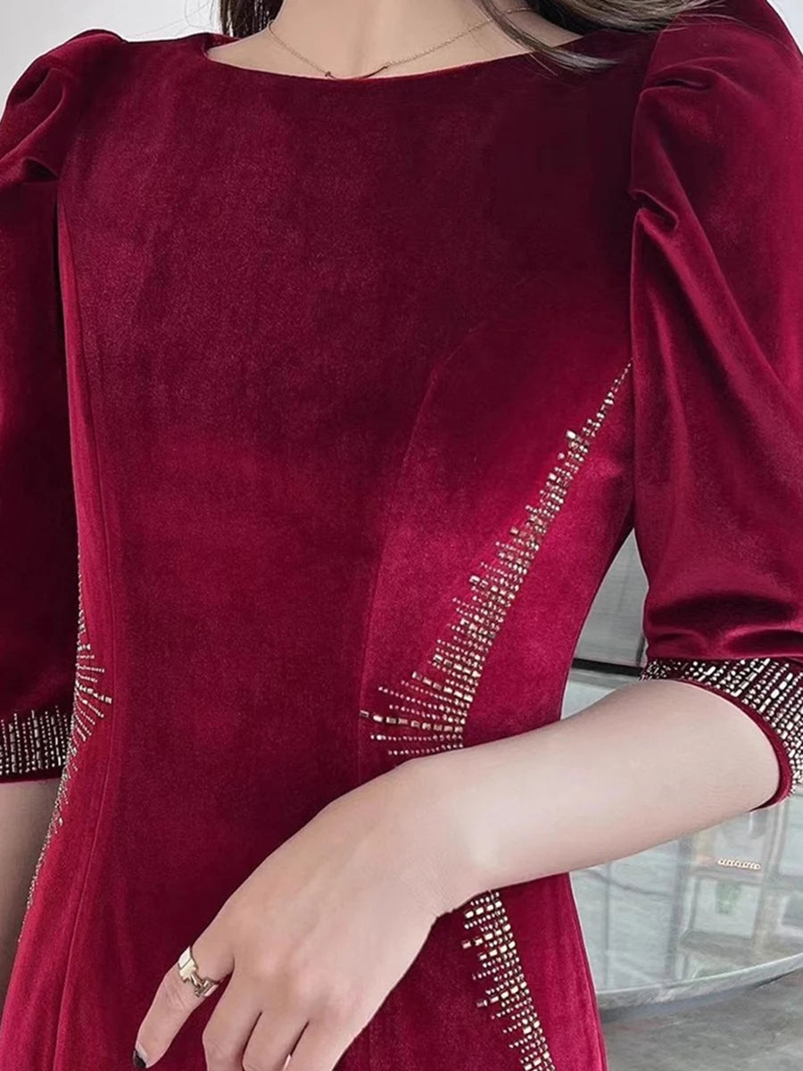 Solid Spliced Diamonds Slimming Dresses For Women O Neck Long Sleeve High Waist Temperament Dress Female Clothes