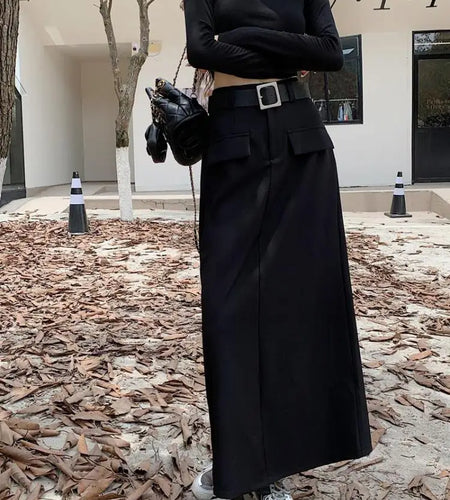 Fashion Black Belt Suit Long Skirt Women Y2k Spring Autumn Brown High Waist Skirts Female 2023 New Grey Casual Skirt Streetwear