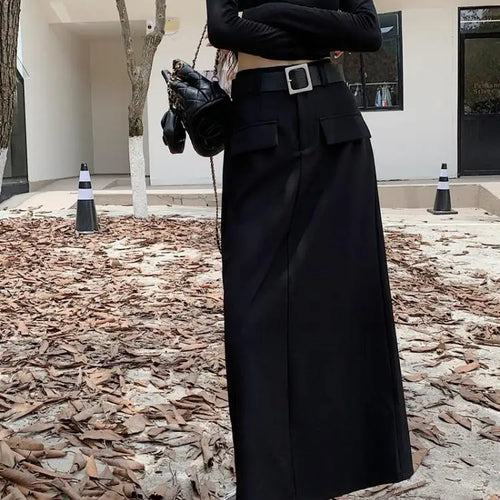 Load image into Gallery viewer, Fashion Black Belt Suit Long Skirt Women Y2k Spring Autumn Brown High Waist Skirts Female 2023 New Grey Casual Skirt Streetwear
