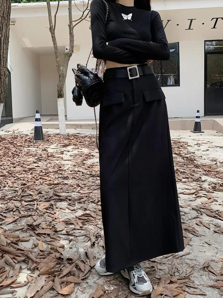 Fashion Black Belt Suit Long Skirt Women Y2k Spring Autumn Brown High Waist Skirts Female 2023 New Grey Casual Skirt Streetwear
