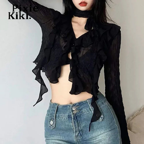 Load image into Gallery viewer, Mesh Sheer Black Shirts Y2k Fairy Grunge Irregular Hem Ruffled Flare Long Sleeve Crop Top Vintage Clothes P94-EZ20
